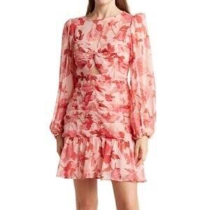 ASTR Pink Floral Long Puff Sleeve Ruched Ruffle Cut Out Mini Dress XS/Small NWT